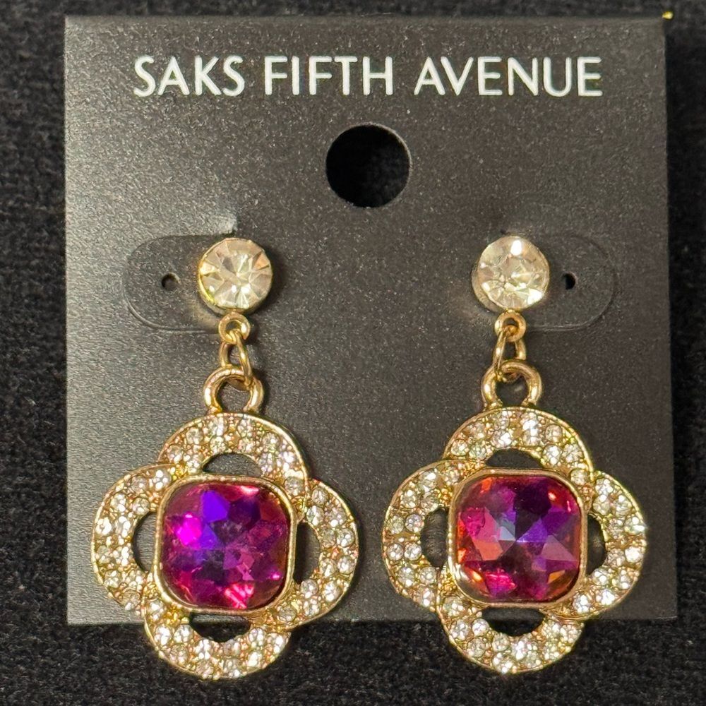 NWT Saks Fifth Avenue Gold Vitrail AB Crystal Clover Floral Drop Earrings 1.5"